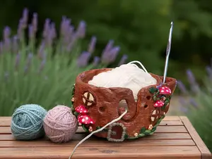 Handmade clay red mushroom toadstool forest yarn bowl / fairy garden house whimsical yarn bowl crochet knitting accessories tools
