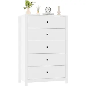 Modern 5 Drawer Wooden Dresser Chest, Tall Cabinet with Deep Storage Drawers, Metal Knobs, Versatile for Bedroom, Living Room, Hallway, Entryway