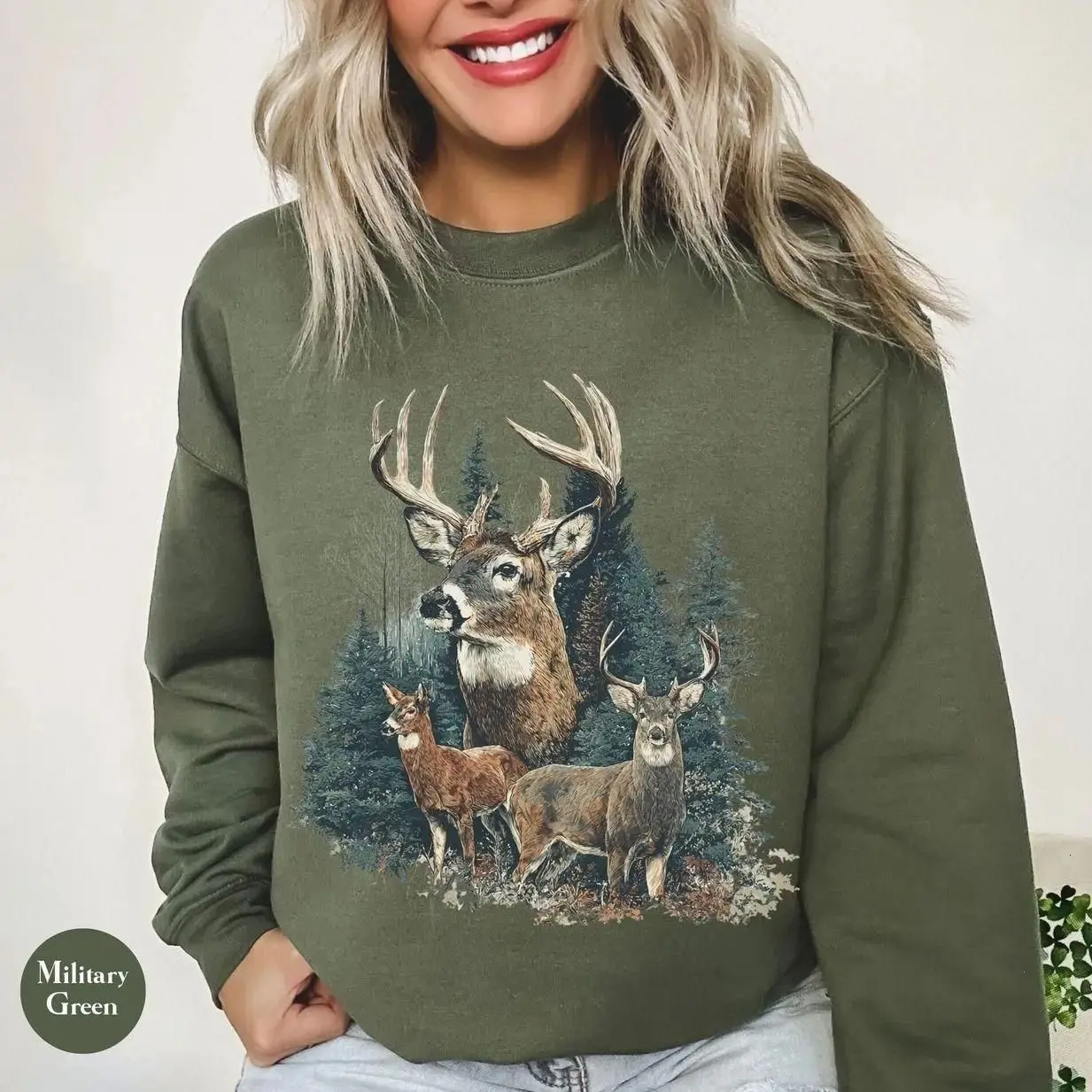 90's Vintage Deer Sweatshirt, Retro Deer Hunter Graphic Crewneck for Men & Women, Forest Wildlife Sweater, by Kaylan Eppes, USA-Made & Printed Apparel