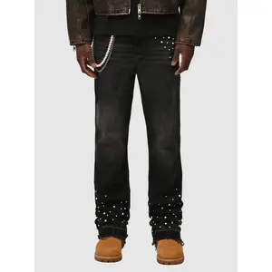 Men's Black Rhinestone Stacked Jeans, High Cotton Content Straight Leg Denim Pants with Pearl Chain Detail, Y2K Streetwear Casual Trousers for Men, Comfortable Stretch Fabric