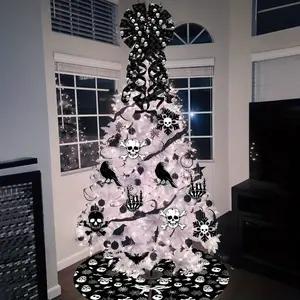 2pcs Black Gothic Christmas Tree Decorations with Scary Skull Christmas Tree Skirt, Large Decorative Tree Topper Bow, Tree Hanging Ornaments for Winter Halloween Xmas Tree Decor