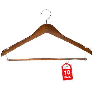 DEILSY Suit Hangers for Men with Open Bar 10 Pack Premium Brown Wooden Coat Hangers Pants Durable Suit for Closet Organization - Jacket Hanger Wood Clothes (10)