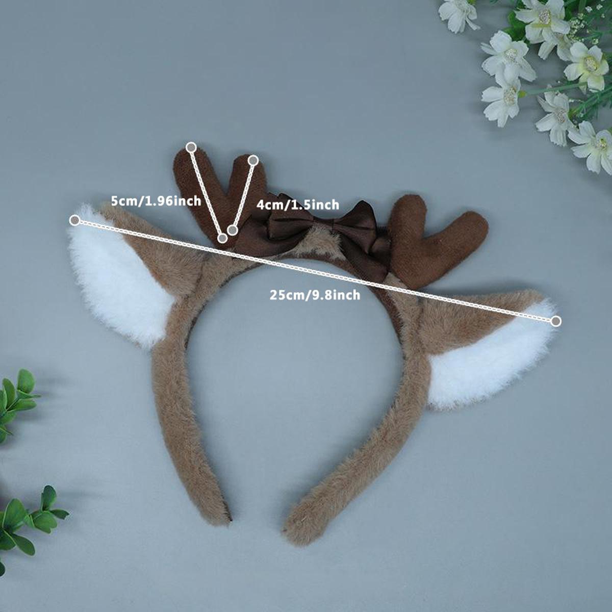 Christmas Reindeer Antler Headband, Fluffy Plush Deer Ear Hair Hoop With Brown Bow, Women Kids Festive Xmas Costume Headpiece For Holiday Party Cosplay Photo Props