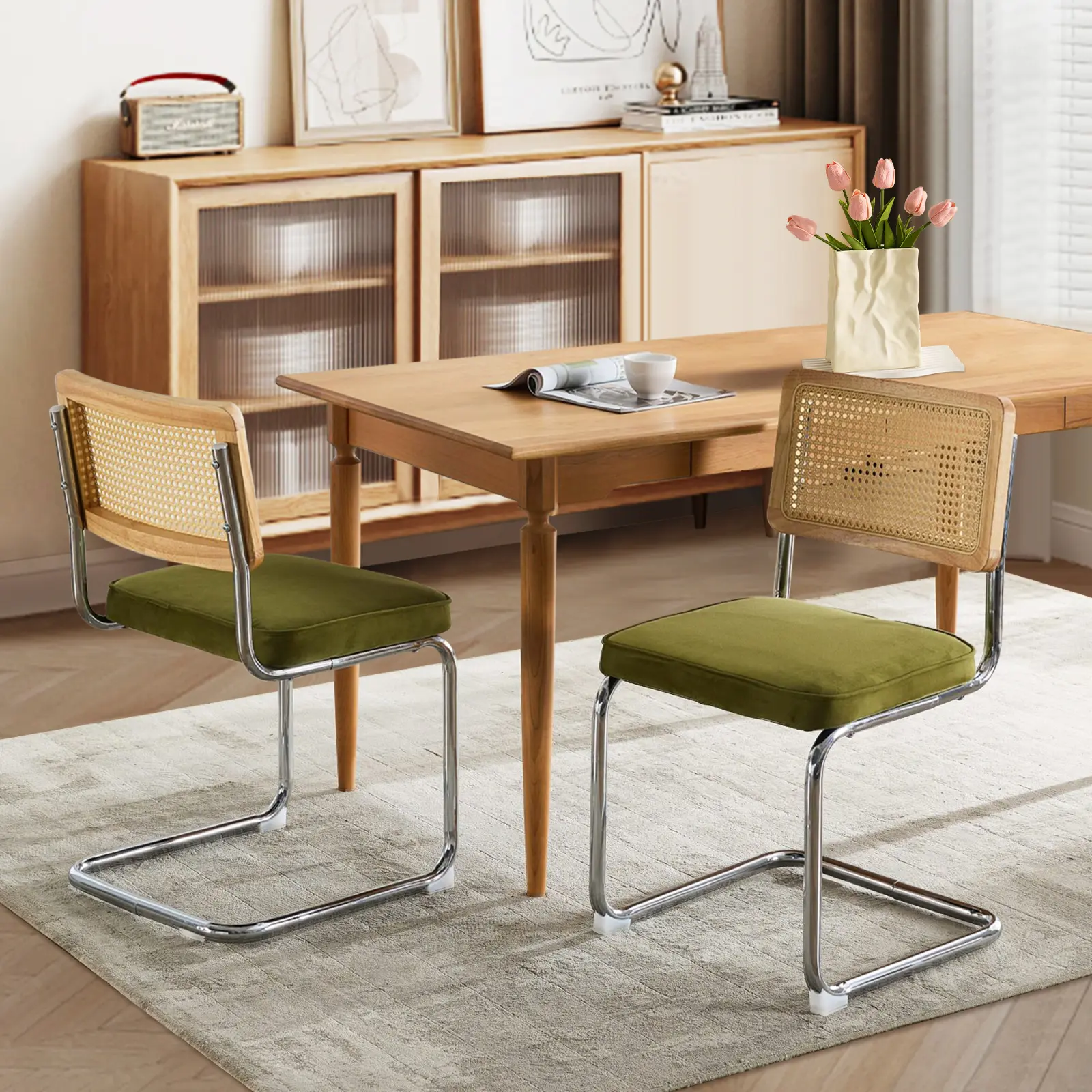 Rattan Dining Chairs Set,Upholstered Mid-Century Modern Dining Room Chairs with Cane Backrest,Retro Velvet Kitchen Chairs with Stainless Chrome Base