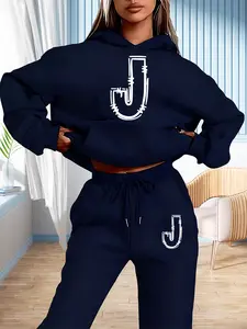 Letter J Barbed Wire Decoration Print Hoodie Set, Fall Winter Casual Fitted Graphic Sweatshirt, Trendy Industrial Style