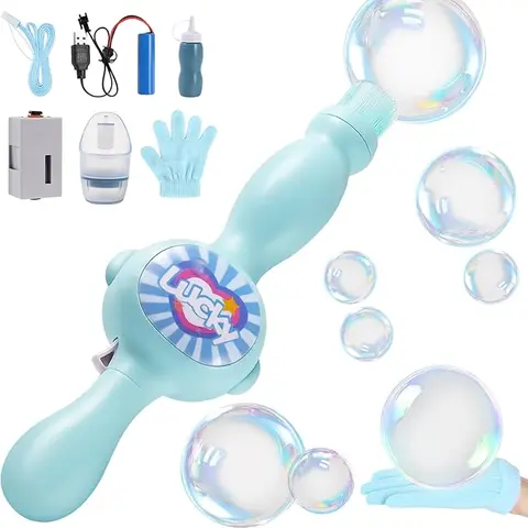 Fuufome Colorful Elastic Wand Bubble Machine - Handheld ABS Blower with Vibrant Lights, Music, Interactive Smoke, Cute Design, Battery-Powered, Easy Transport, Bubble Machine Wands for Kids' Birthdays, Lawn Parties