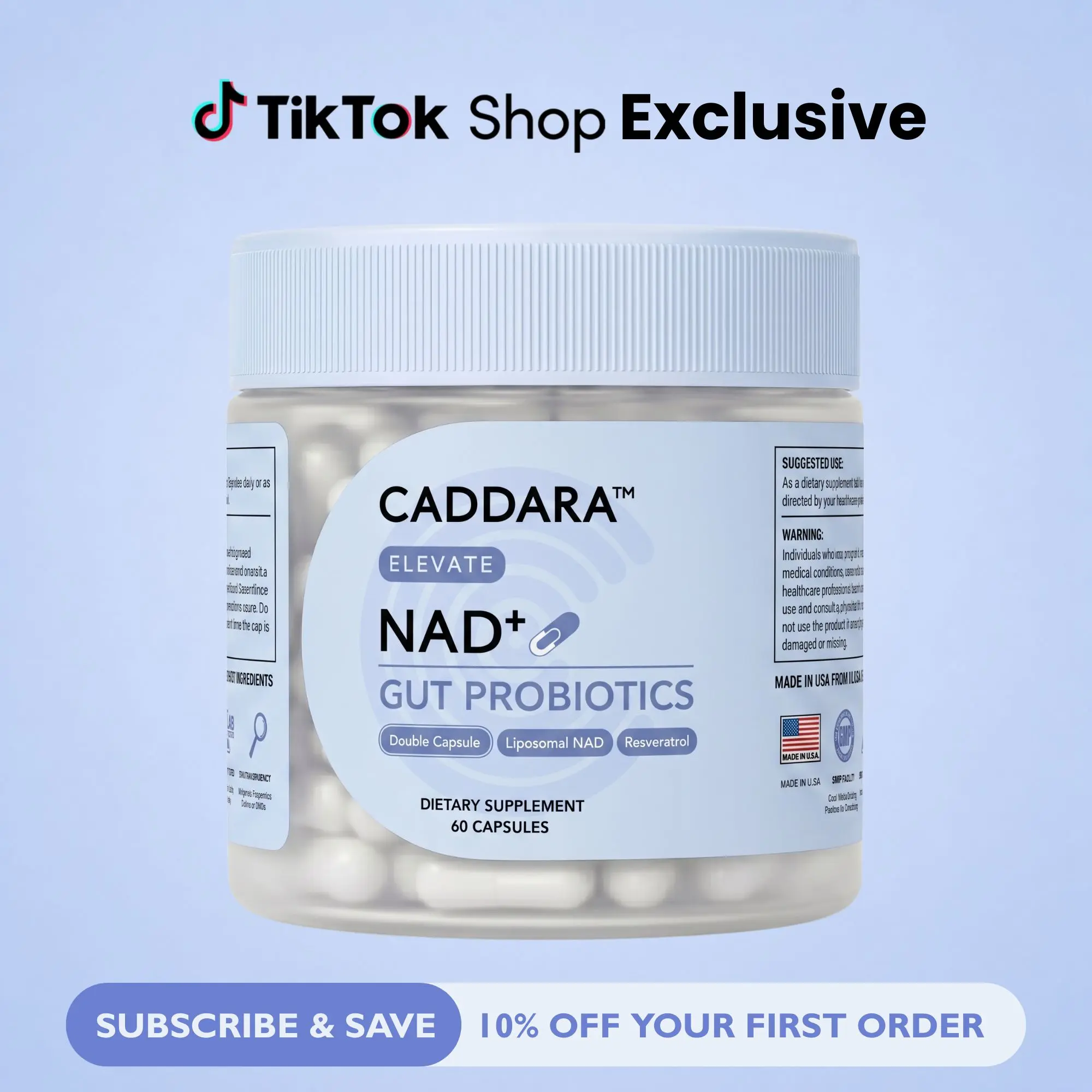 Caddara Elevate Liposomal NAD+ 250mg Trans-Resveratrol 50mg Capsules & Gut Probiotics, Double Capsule, Advanced Cellular Energy Support, 60 Capsules