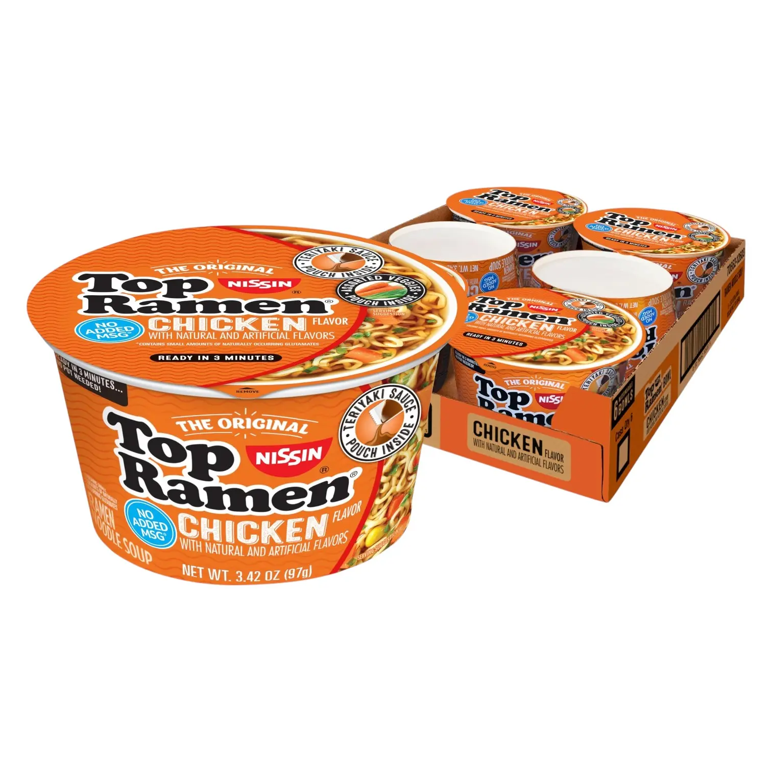 Chicken Flavor Instant Ramen Bowl Noodle Soup, Microwaveable, No Added MSG, 3-Minute Prep, 3.42 oz 6-Pack Packaged Instant Noodles (Pantry Food)
