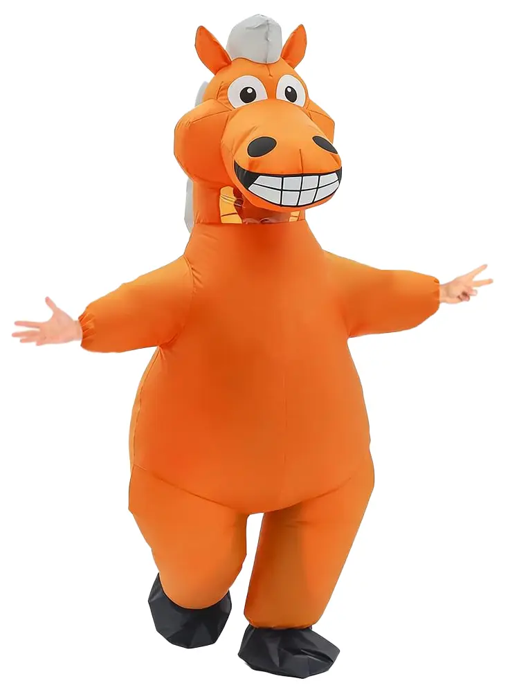 Adult Orange Cartoon Inflatable Horse Mascot Suit - Funny Big Teeth Blow-Up Clothes with Air Fan, Comfortable All-Night Carnival Outfit for School Costume Contests, Matching Party Supplies