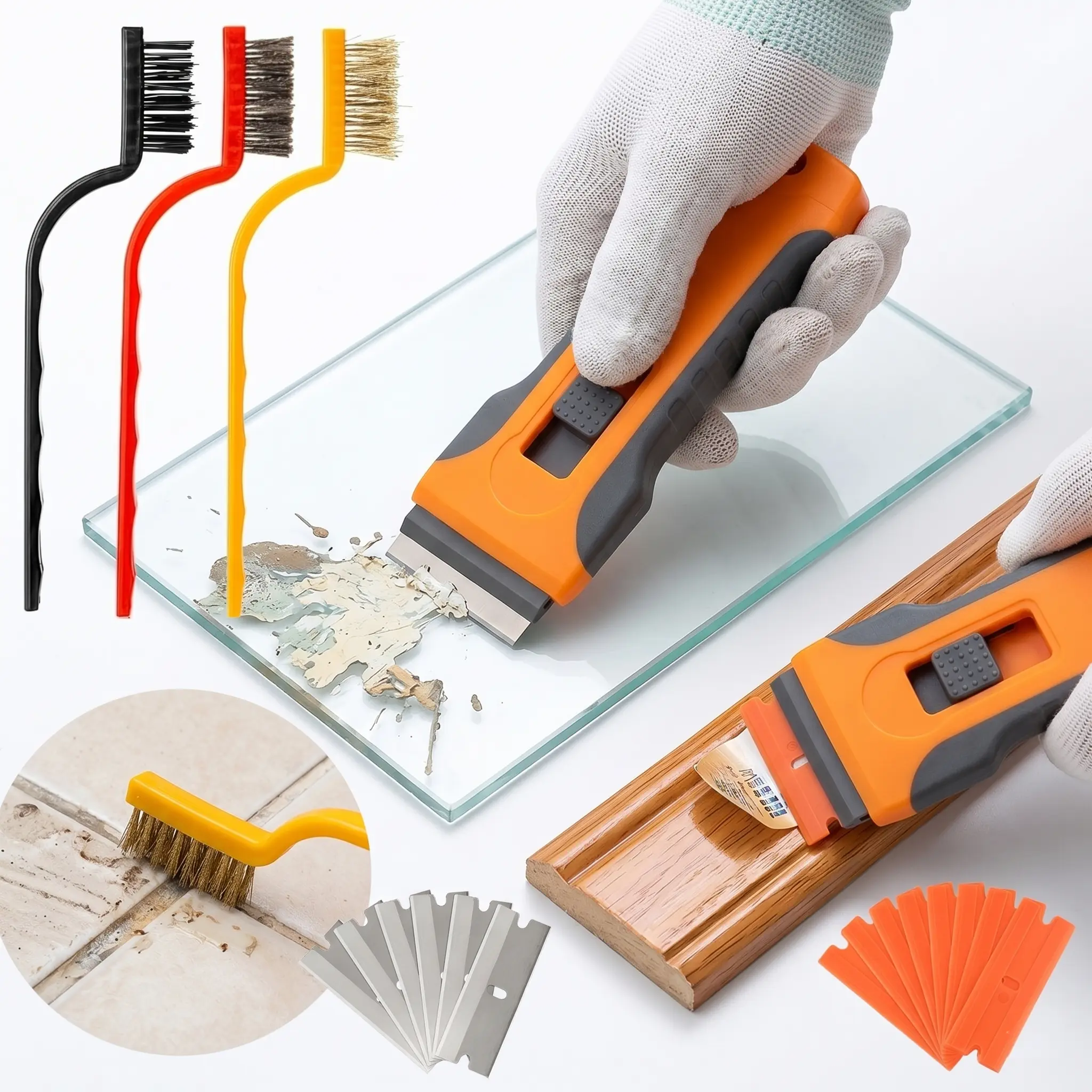 Retractable Razor Scraper Tool Kit - 3 Pcs Wire Brushes, 20 Pcs Replacement Blades Included - Multipurpose Glue, Paint, Sticker Remover for Home, Auto Detailing