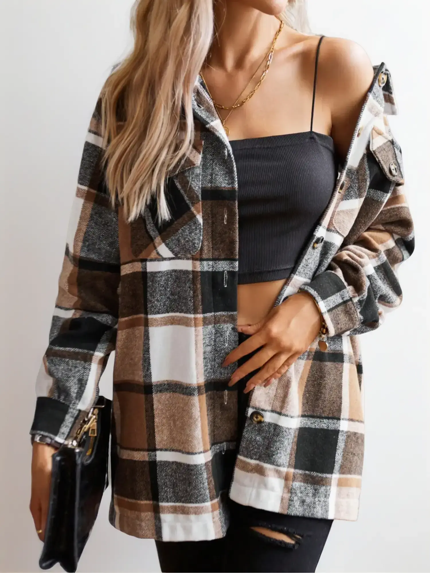 Women's Elegant Plaid Drop Shoulder Button Front Shirt Jacket, Casual Fitted Long Sleeve Top for Spring & Fall, Daily Wear