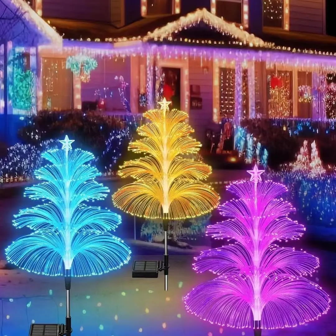 Solar Christmas Decorations Trees Lights 5 Layer Optical Fiber 2PCS Outdoor Waterproof Jellyfish Lights for Pathway, Lawn, and Patio Decor - Magical Stars Ornaments