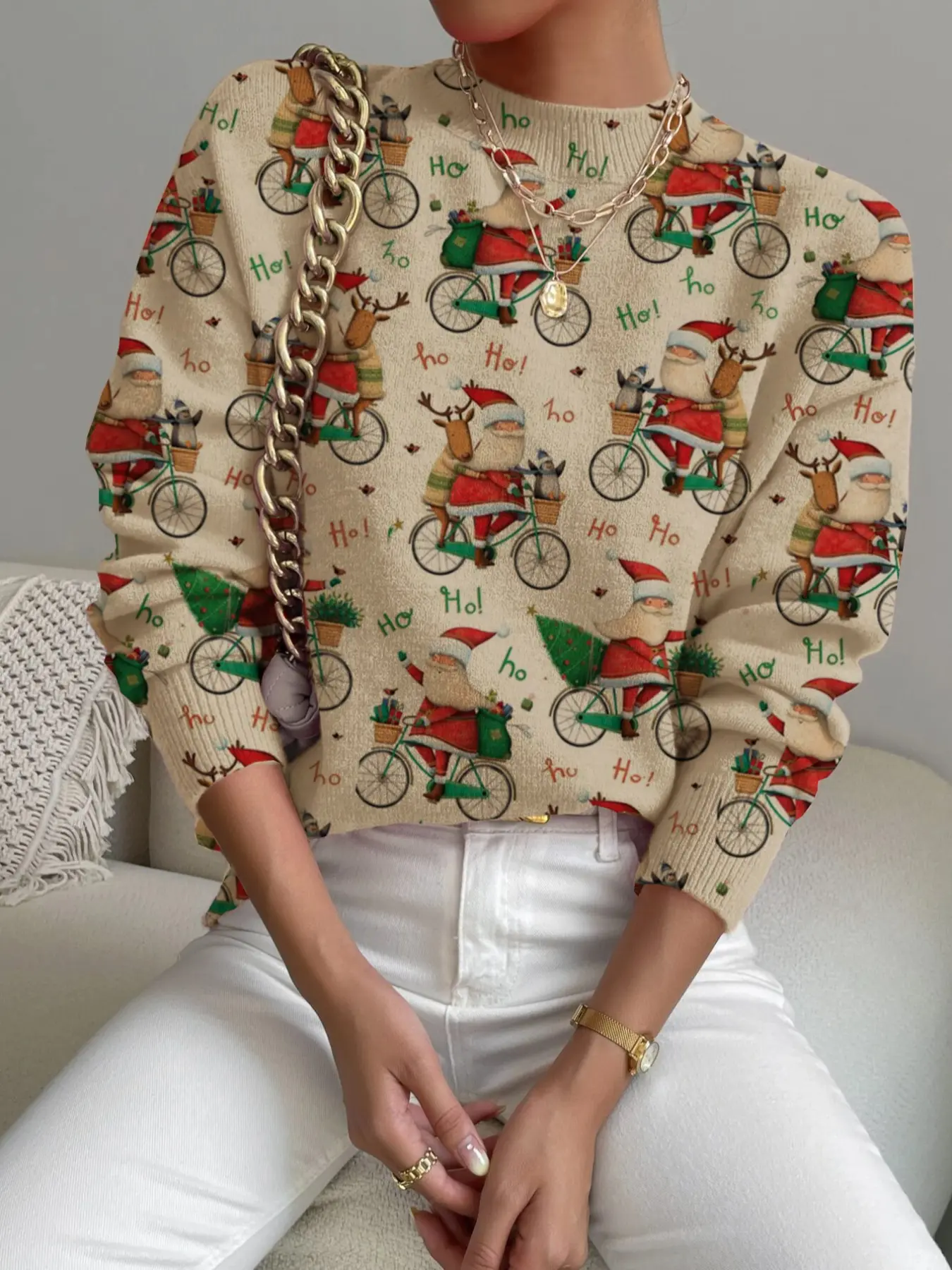 Women's Christmas Cartoon Letter Print Stand Collar Sweater, Fall Winter Casual Long Sleeve Knitwear, Comfortable Warm Daily Wear