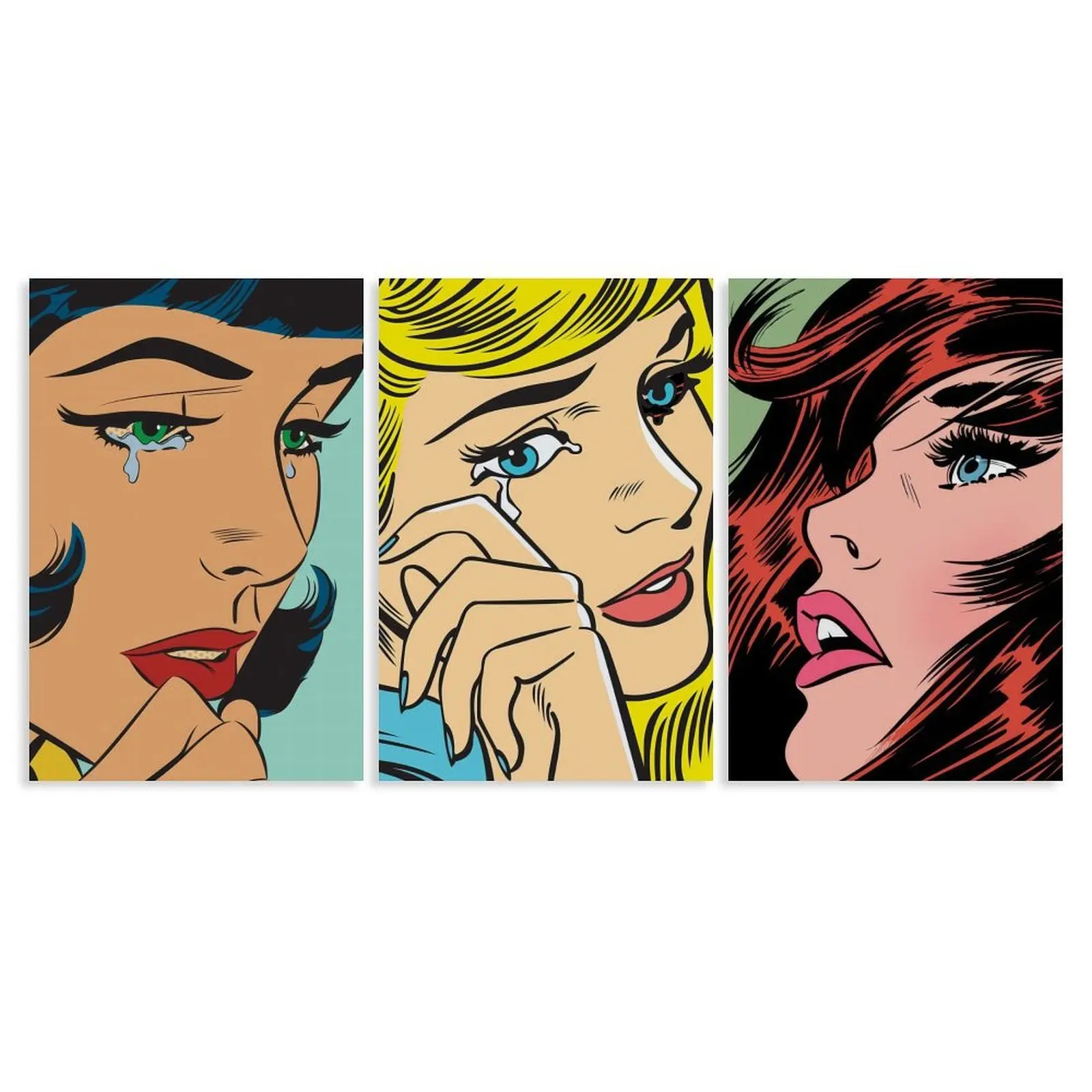 Retro Pop Art Woman Portrait Canvas Print, Colorful Comic Style Crying Face Wall Art, Bold Vintage Decor for Living Room, Bedroom, Dorm, Office, Studio, Beauty Salon, Gift for Art Lovers