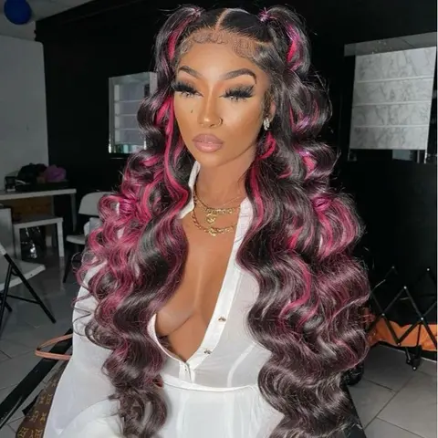 Highlight Wig Human Hair 1B/Pink 180% Density Ombre Body Wave Lace Front Wigs Human Hair Pink And Black Colored Wig Human Hair Skunk Strip Glueless Wigs #SoHoChic #TikTokShopBackToSchool