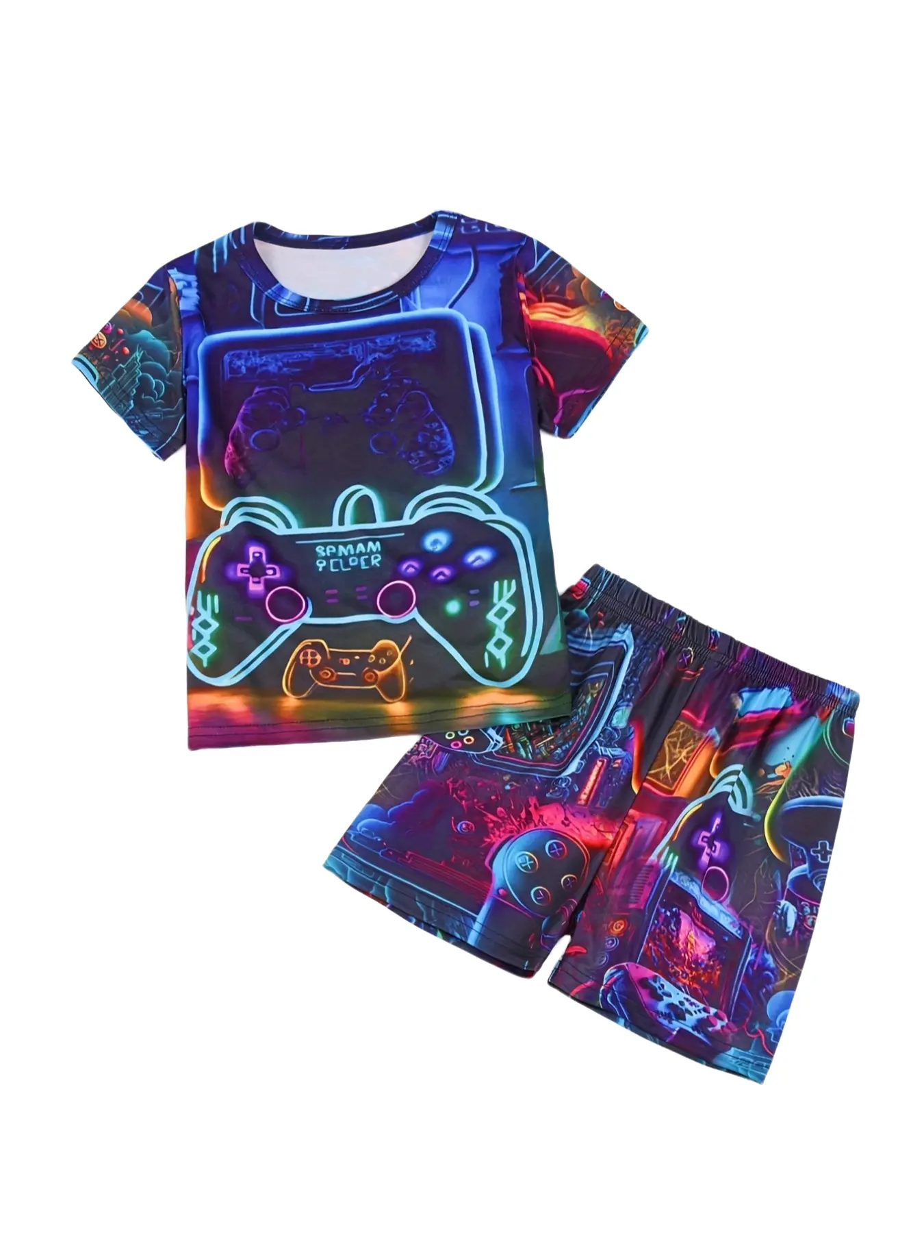 Toddler Boy's 2pcs Game Console Print Round Neck Tee & Elastic Waist Shorts Loungewear Set, Casual Comfortable Short Sleeve Lounge T-Shirt & Shorts Pajama Lounge Sets, Kids Sleepwear for Summer, Snug Fit Pajamas, Cartoon Pattern Pajamas