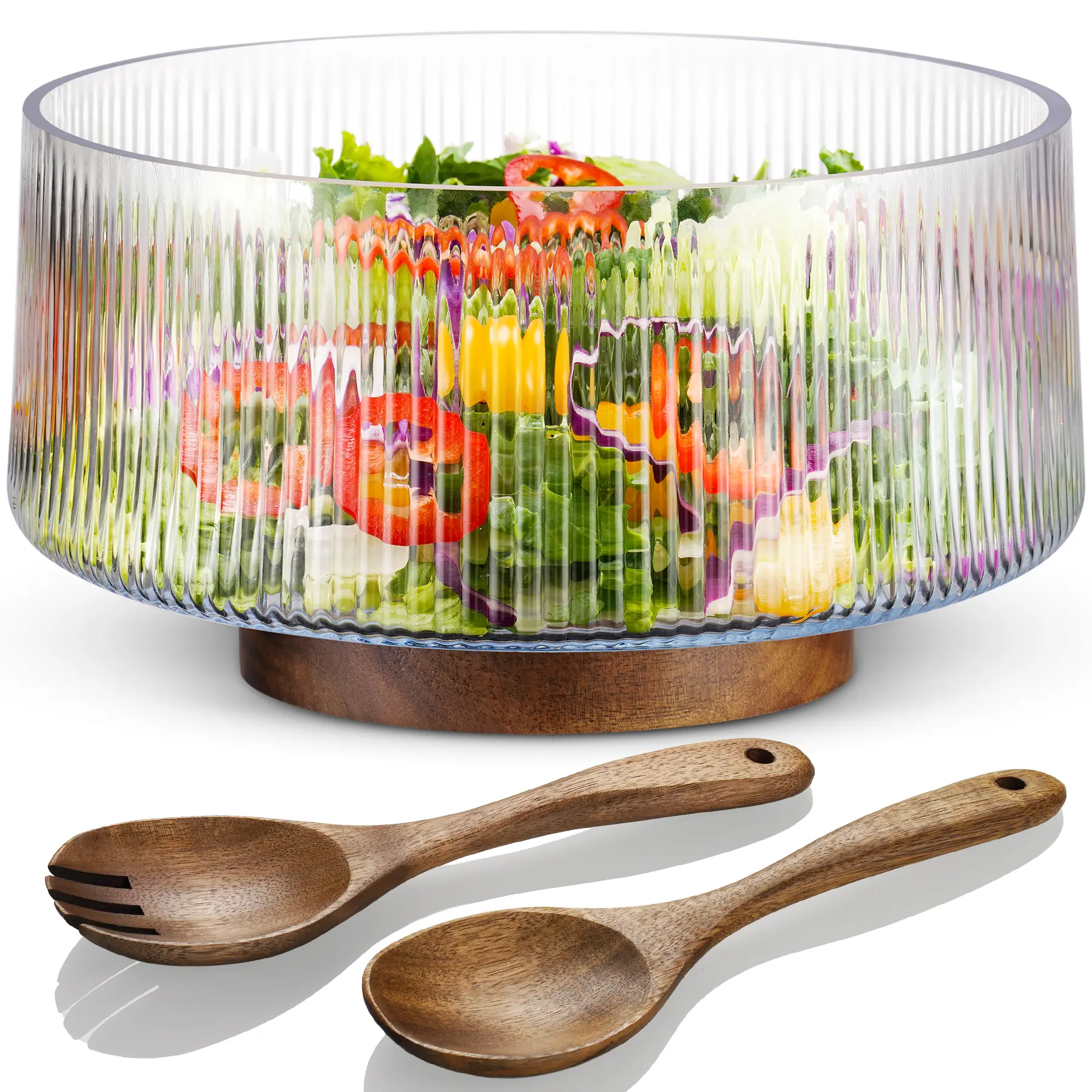 NiHome Extra Large 4500ml BPA-Free Striped Glass Salad Bowl Set - Natural Acacia Wood Base, Wooden Serving Utensils - Adult Kitchen Bowls for Meal Prep, Dinners, Dessert Serving, Glass Bowls