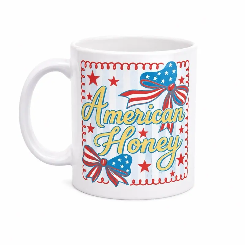 American Honey Mug with Patriotic Design and Red, White, and Blue Bow gifts kitchenware drinkware free delivery sip-sip hooray