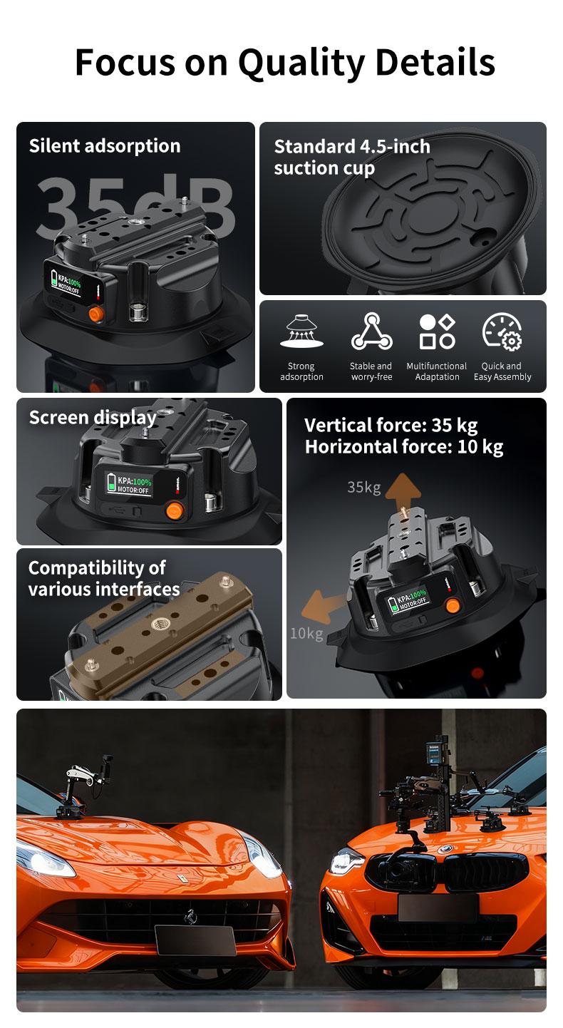 4.5-in Motorized Suction Cup Mount, Camera Stand with Display, Pneumatic Vacuum Design, 3 kg (6.6 lbs) Max Load, Compatible with Lightweight Cameras, Camcorders, Mobile Devices, Screen-Mounted Supports