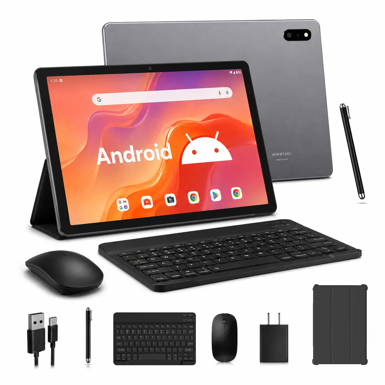 POWMUS 10 Inch Android 13 Tablet with Keyboard and Mouse, 8GB RAM 128GB Storage, Quad-Core Tablet PC, 1TB Expandable, 8000mAh Battery, WiFi Bluetooth, Protective Case Included, 5MP+8MP Cameras