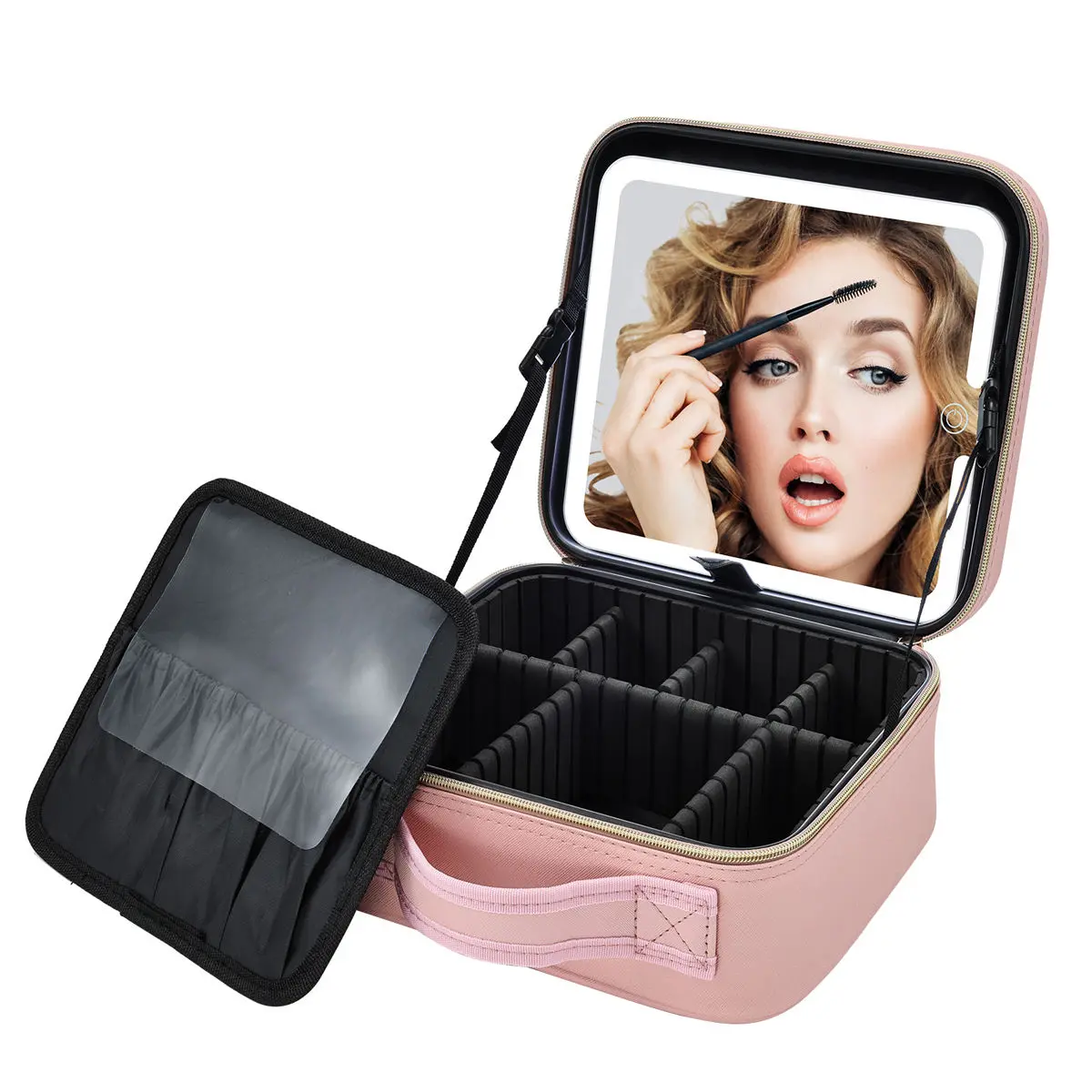 Makeup Bag with Mirror & Dividers Portable Cosmetic Organizer