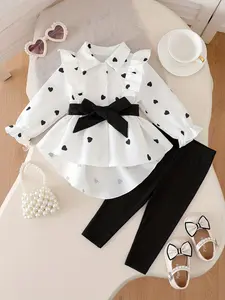 Girl Spring and Autumn Sweet Cool Style Shirt and Pants Set, Playful and Elegant Girl Style, Girl's White Bottom Love Printed Shirt+Pit Strip Tight Pants Set, Ruffle Decoration+Large Bow Waist+Irregular Hem, Valentine's Day Gift, Suitable for Daily School