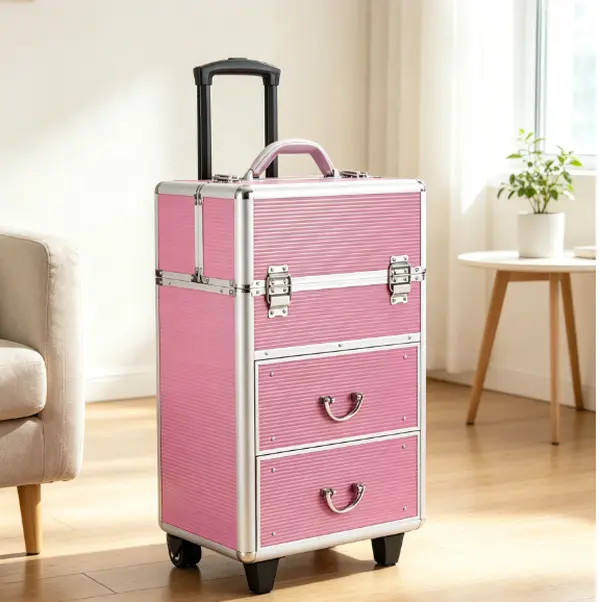 Pink Aluminum 4-Tier Lockable Cosmetic Train Case - Extendable Trays, Steel Corners, Adjustable Handle, Keys, Compact Durable Kit for Professional MUA, Daily Travel Storage Organizer, Lightweight, Organized, Pull Out, Travel/Studio, Makeup, Multi-Tray
