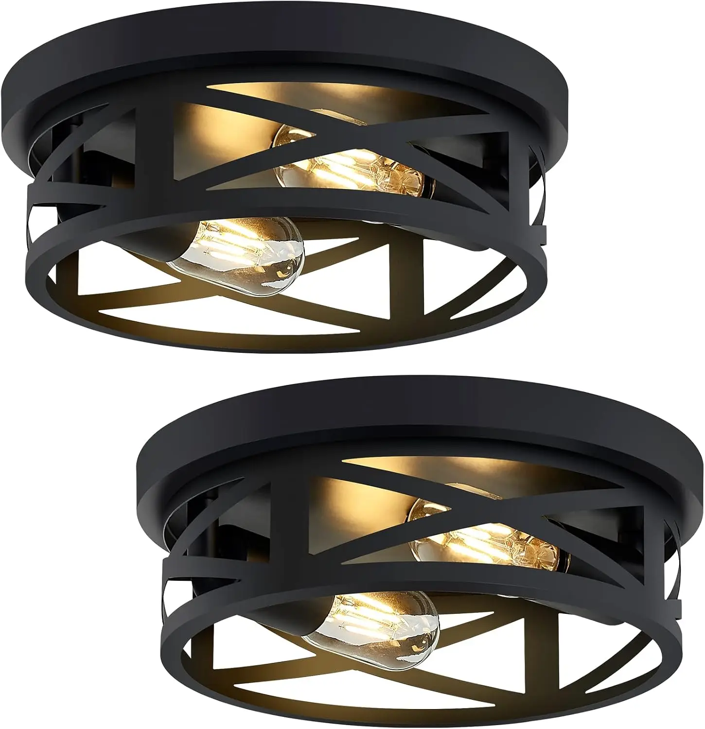 2-Pack Black Industrial Farmhouse Metal Cage Flush Mount Ceiling Lights, E26 Base 10.63in Fixtures for Kitchen, Entryway