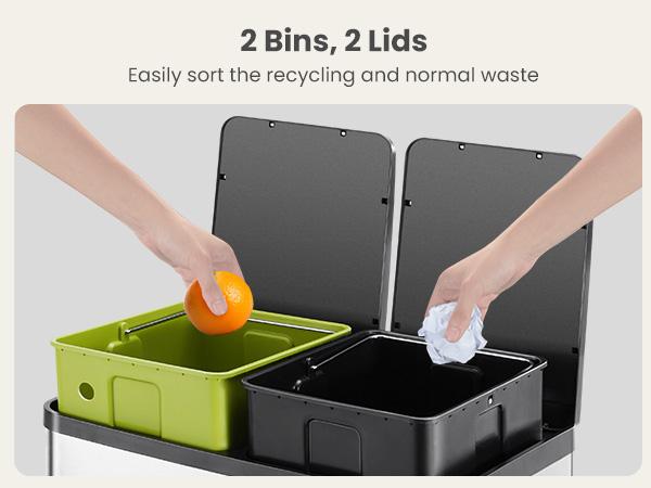 Dual Compartment 16 Gallon Stainless Steel Kitchen Trash Can with Lid and Step Pedals,Fingerprint Proof Garbage Bin for Home and Office Dual Compartment 16 Gallon Stainless Steel Kitchen Trash Can with Lid and Step Pedals,Fingerprint Proof Garbage Bin for Home and Office