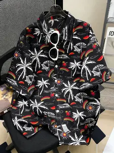New Hawaiian Style Random Irregular Tropical Print Shirt, Summer Vacation Feel, Lapel Single Button Design, Loose Fit, Casual Fashion