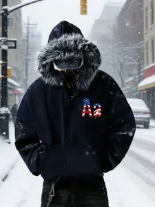 High Street Dark Style Parka, Hooded Sweatshirt Couple Set, Loose Zipper Jacket Coat, Fuzzy Hat Design, Trendy Skateboarding & Dating Wear