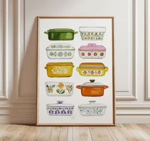 [No Frame] Vintage Pyrex Wall Art, Retro Kitchen Print, Mid Century Dish Poster, Colorful Home Decor, Watercolor Illustration, Nostalgic Kitchen Art