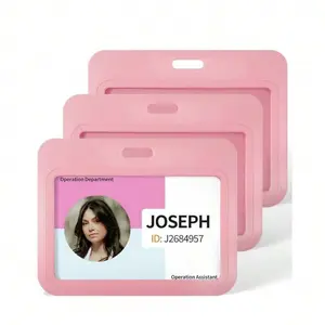 3 Pack Sliding ID Badge Holder Pink Horizontal Hard Plastic Case With Clear Window Card Protector Pouch For Office School ID Credit Cards Proximity Key Cards Driver's Licenses And Passes