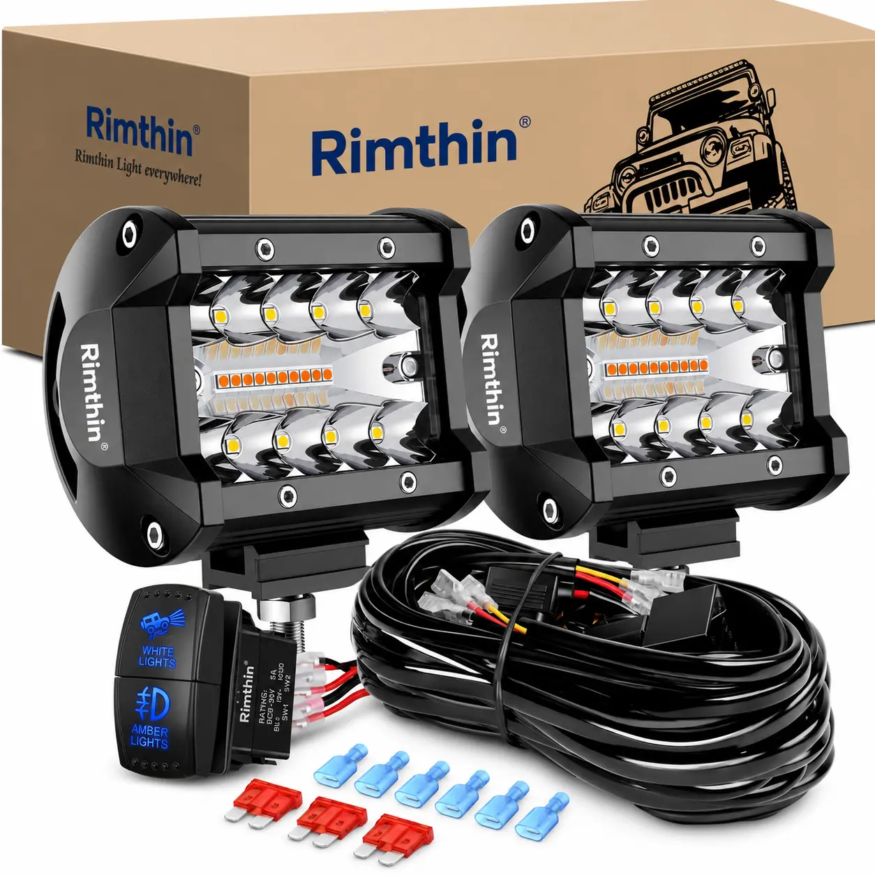 2PCS 4Inch 60W LED Pods Spot Flood Amber White Light Bar Strobe 6 Modes Memory Function Off-Road Truck Car ATV SUV Cabin Boat with 16AWG Wiring Harness Kit-2 Lead, 2 Years Warranty