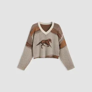 Cider [size 2-10] Knitted V-neck Horse Stripe Long Sleeve Top