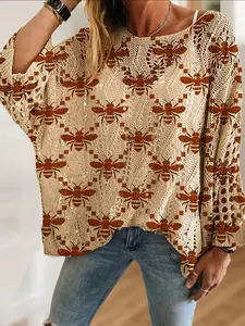 Women's Elegant Striped Animal Bee Print Knit Hollow Out Top, Casual Vacation Style Sweater, Comfortable Breathable Loose Fit