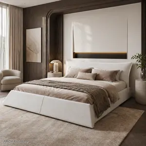 Queen Bed Frame, Queen Size Velvet Platform Bed with Oversized Luxe Special-Shaped Headboard, Soft Cushioned Smooth Texture, 1000lb Sturdy Metal & Solid Wood Support, No Box Spring Needed, Some Assembly, Beige/White Modern Indoor Bedroom Furniture