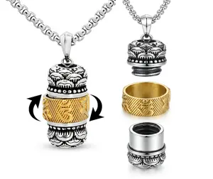 Feng Shui Rotatable Prayer Wheel Fidget Pendant Necklace, Om Mani Padme Hum Buddhist Mantra, Memorial Urn for Ashes or Small Pill Holder, with 24 Inch Stainless Steel Chain