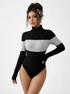 Women's High Neck Patchwork Long Sleeve Jumpsuit, Casual Slim Fit Elastic Comfortable Top, Fall & Winter Fashion