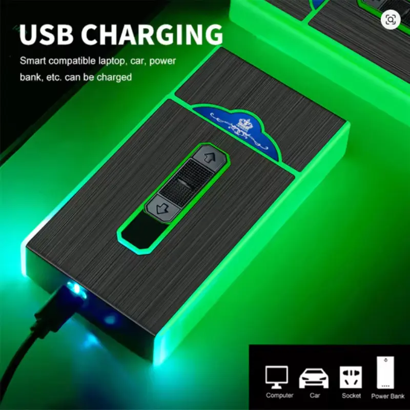 Luminous Metal Cigarette Case with USB Lighter, Windproof 2-in-1 Box for 20 Cigarettes, Rechargeable Men's & Women's Accessory, Accessories, Men's Accessories