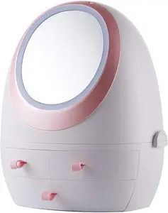 Makeup bag Storage Box, Countertop Portable Vanity Cosmetics MAKE UP bathroom organizers and Storage Cosmetics Organizer Box for Countertop & Drawers Skincare Organizers (EGGSHAPE with led mirror)