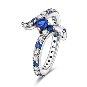 Blue Snake & Moon Gem Ring 925 Sterling Silver, Blue Gem & Clear Accents, Coiled Snake & Crescent Moon Design For Mystical Jewelry Lovers, Celestial Fashion & Daily Wear Silver