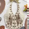 Vacation Style Embroidered Floral Halter Neck Sleeveless Tank Top, Cropped Sleeveless Slim-Fitting V Neck Crop Top for Dates, Beach, and Music Festivals