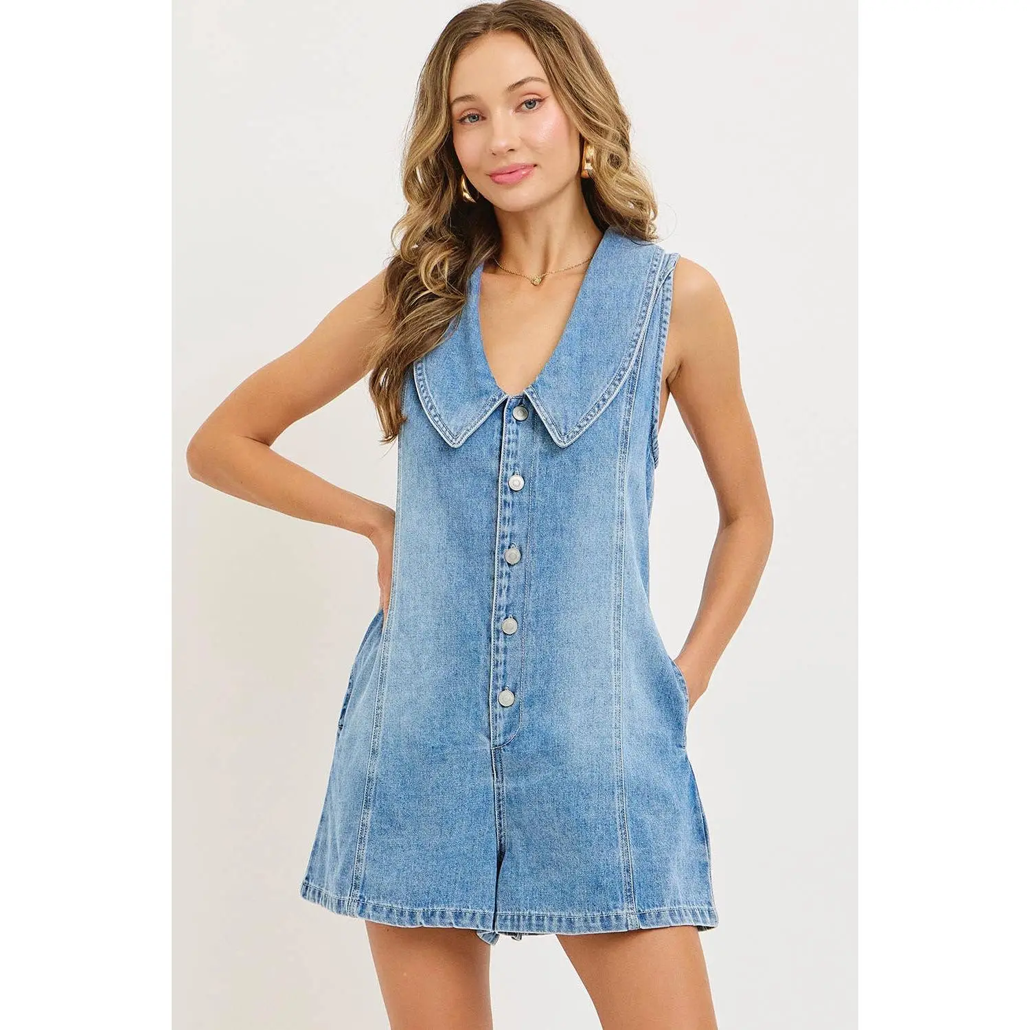 DENIM BUTTON UP RACERBACK DESIGN SLEEVELESS ROMPER