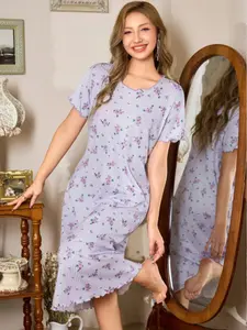 Women's Loose Fit Floral Print Sleepwear, Ribbed Hem Short Sleeve Nightgown, Comfortable Casual Loungewear for Women, Homewear