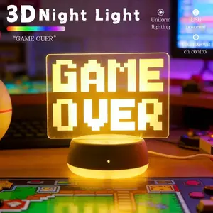 1pc 3D Game over LED Table Lamp, USB Powered, 7 Color Touch & Crack Touch, Button Switch, Retro Pixel Art Design, Home Decor Gift