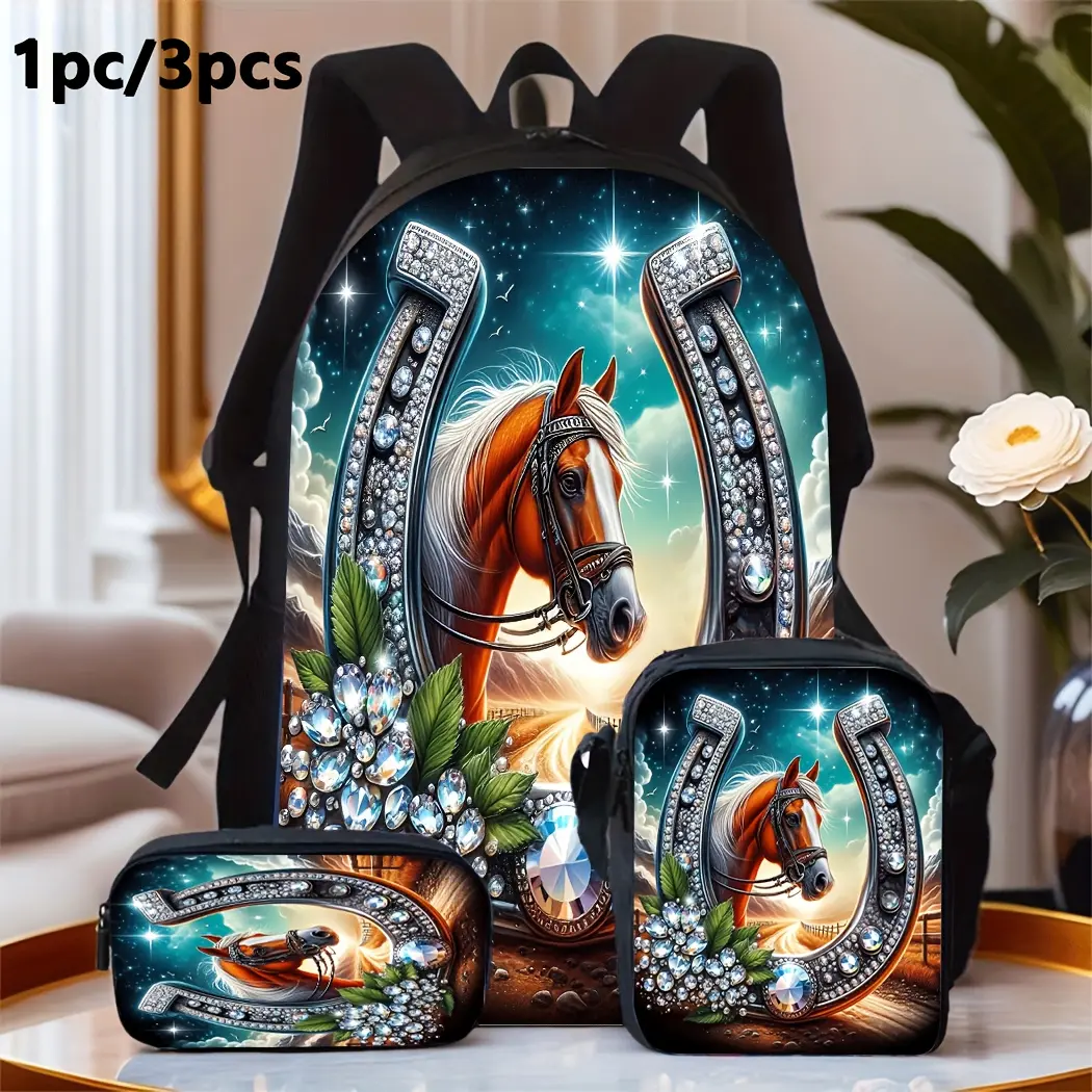 Western Crystal Horse 3-Piece Backpack Set for Kids & Teens, 600D Oxford School Bag with Insulated Lunch Box & Pencil Case, Fits 15in Laptop, Adjustable Straps for Back to School Travel, Back To School Haul