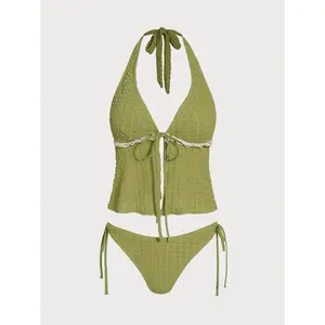 Women's Knitted Polyester Color Block Tankini Suit Women Relaxed Fit Tankini Two Piece Swimsuit Crew Neck Soft Elastic Top High Waist Solid Briefs Full Coverage Non See Through Summer Beach Pool Bathing Suit
