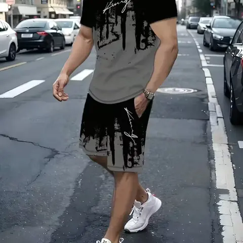 Men's New Round Neck Casual T-Shirt Set, Short Sleeve Shorts, Bold King Pattern Design, Drawstring Waist, Soft Breathable Outdoor Wear, Shorts Set Outfit