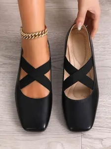 Women's Easy Wear Flat Heel Low Top Square Toe Fashion Shoes, PU Leather, Medium Width, Spring & Fall, Commuter Casual Ballet Flats, Soft Sole Flats, Commuter Shoes Work, Slip On Shoes